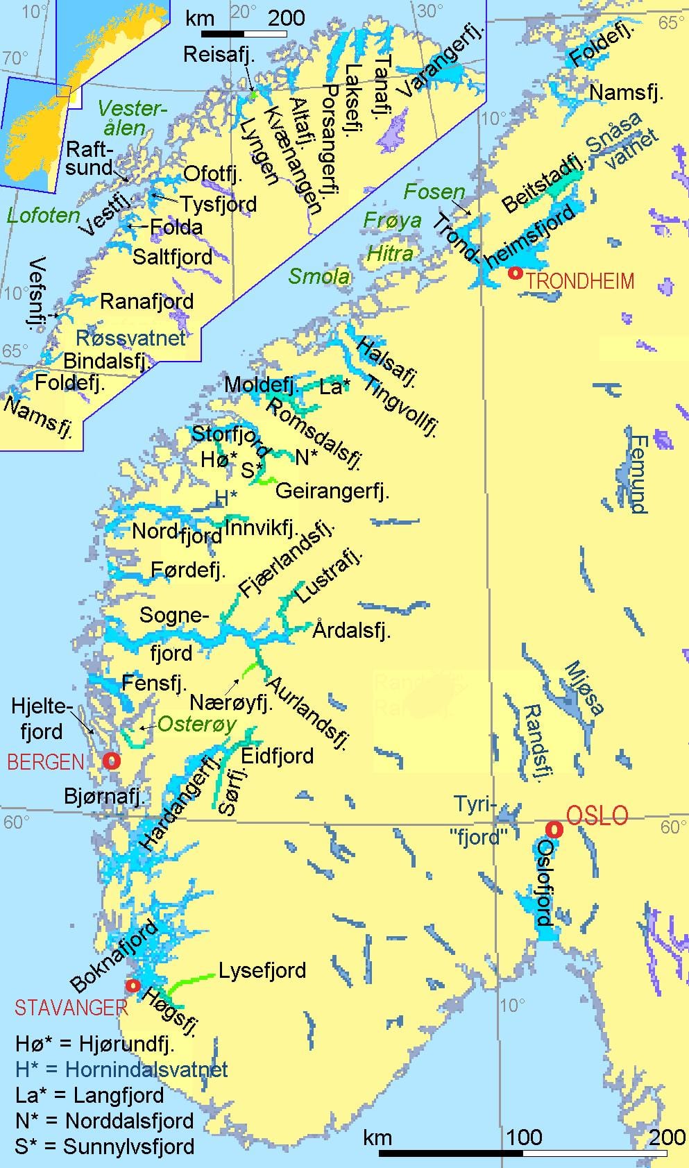 ನಕ್ಷೆ ನಾರ್ವೆ ತೋರಿಸುವ fjords